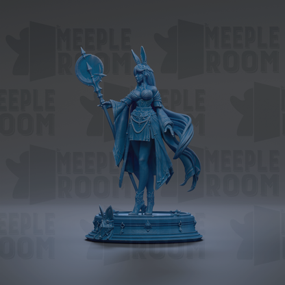 A blue statue of a woman with a staff and flowing robes, standing on a pedestal against a dark background with repeated text.