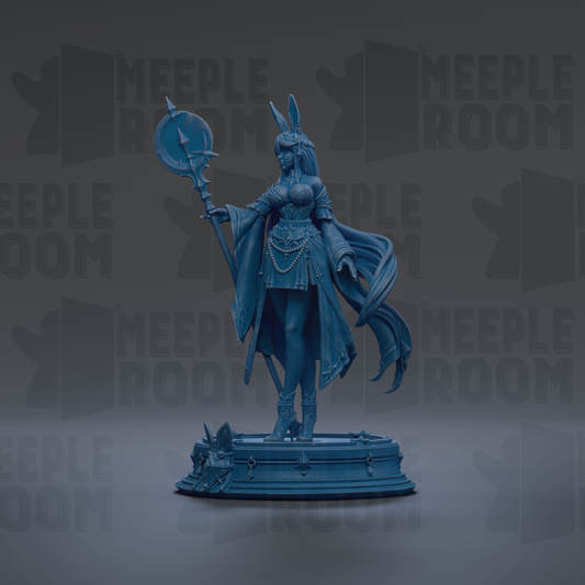 A blue statue of a woman with a staff and flowing robes, standing on a pedestal against a dark background with repeated text.