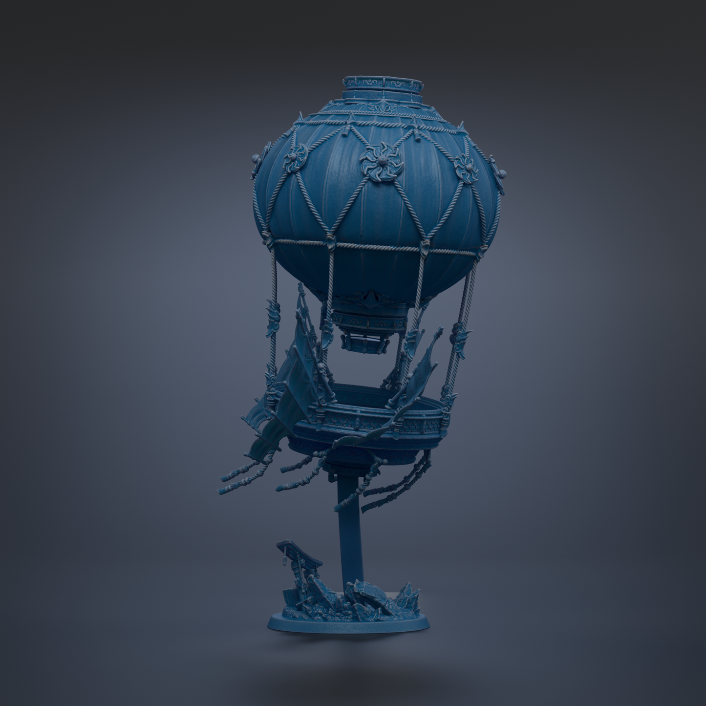 A blue, 3D-rendered hot air balloon sculpture stands on a base, with intricate details and a decorative design.