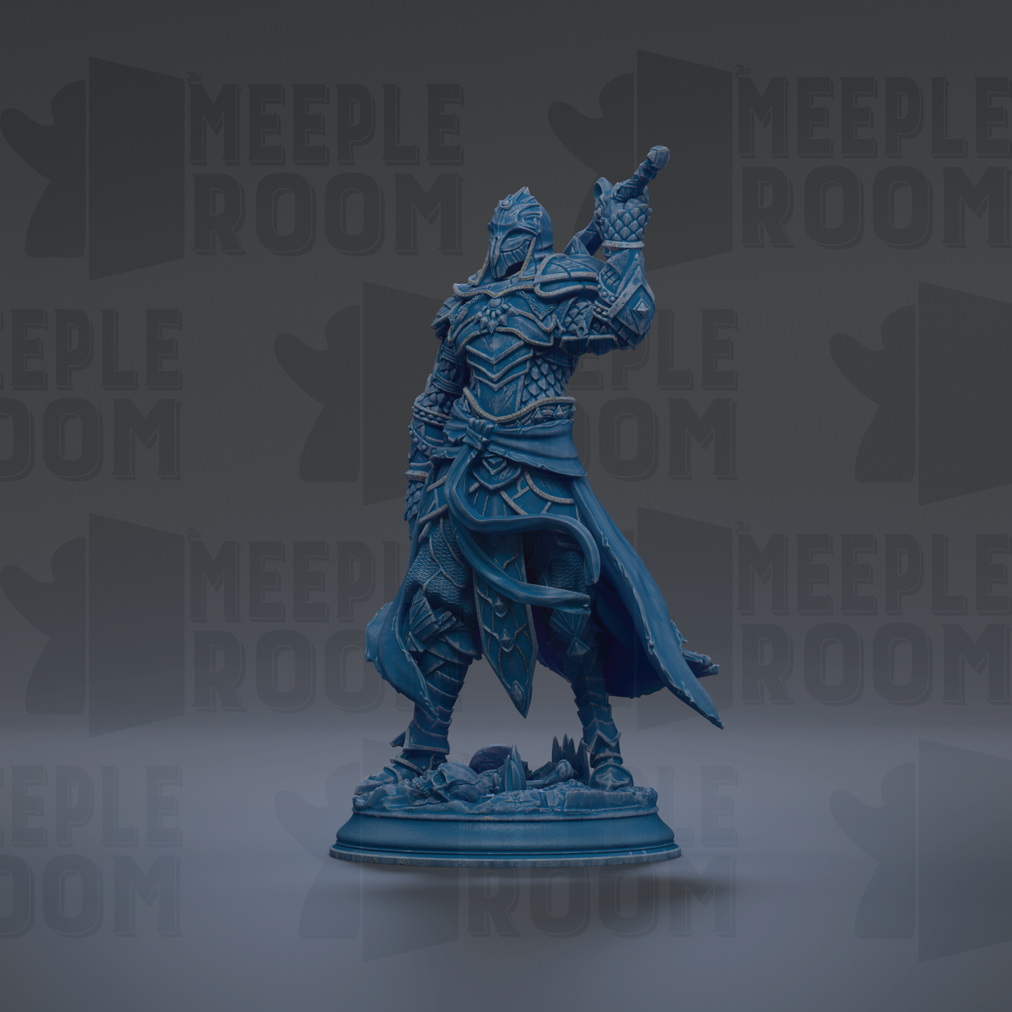 A blue, armored figure stands on a pedestal against a dark background with repeated text.