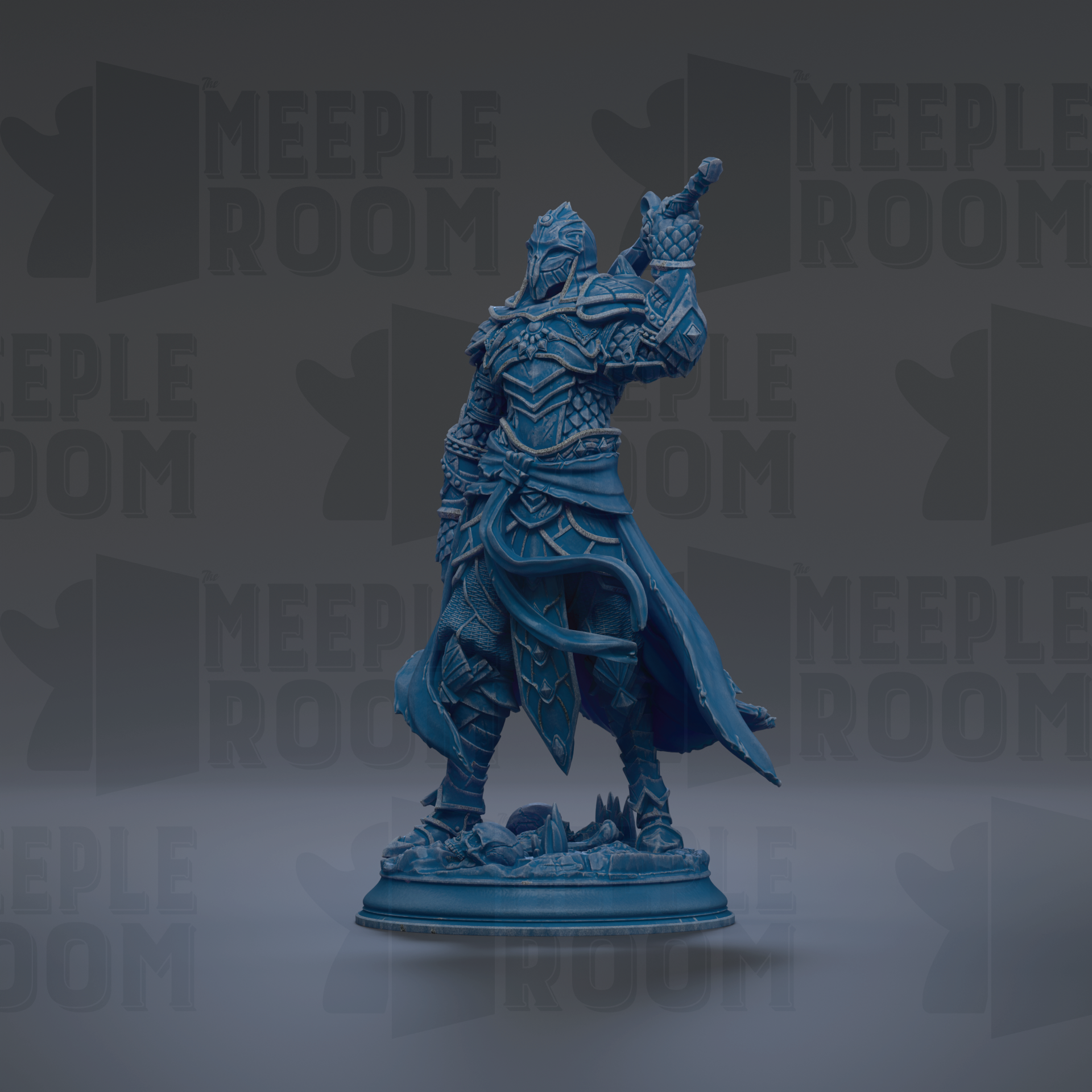 A blue, armored figure stands on a pedestal against a dark background with repeated text.