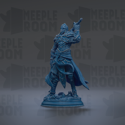 A blue, armored figure stands on a pedestal against a dark background with repeated text.