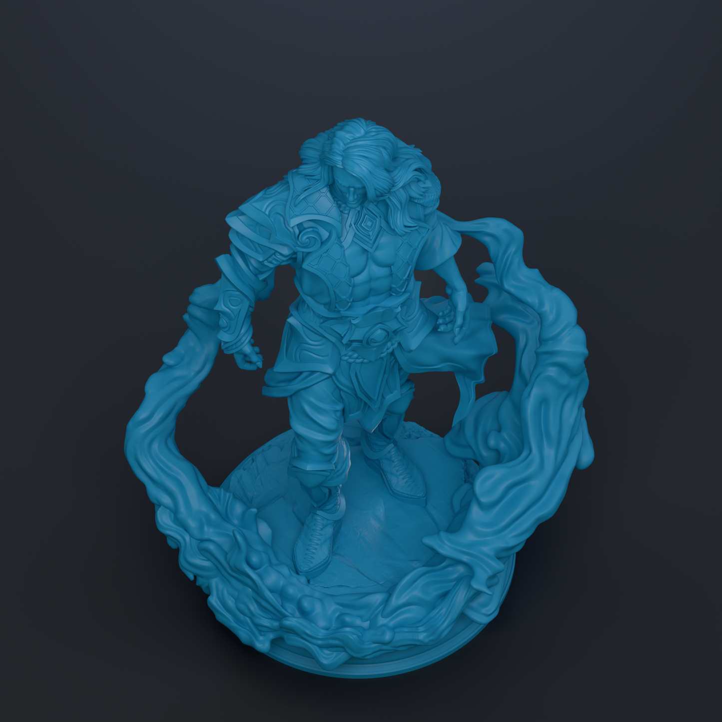 A 3D rendering of a blue, stylized figure with flowing hair and a flowing cape, standing on a platform with a dark background.