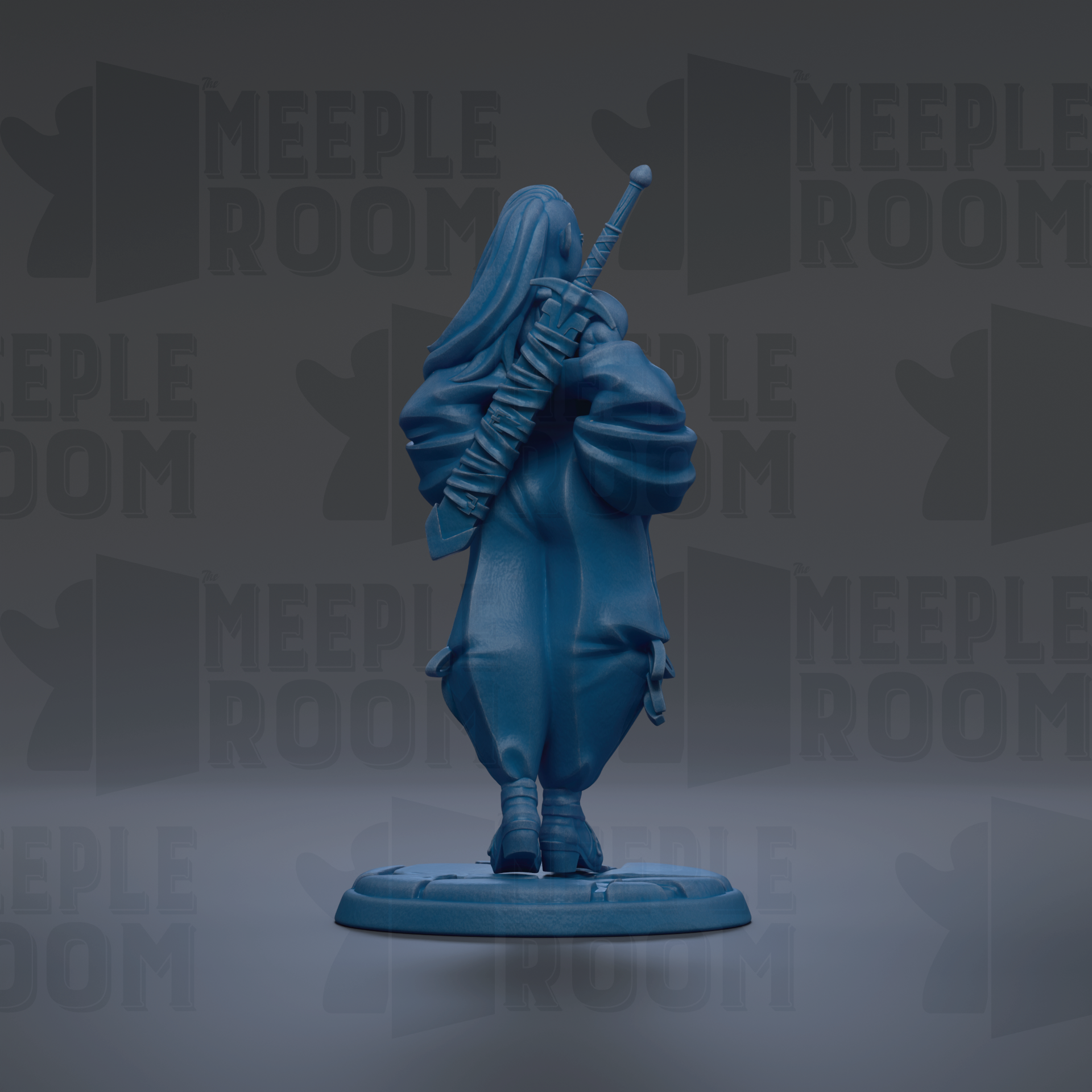 A blue figurine of a person holding a sword stands on a base against a dark background with repeated text.