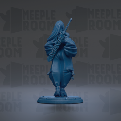 A blue figurine of a person holding a sword stands on a base against a dark background with repeated text.