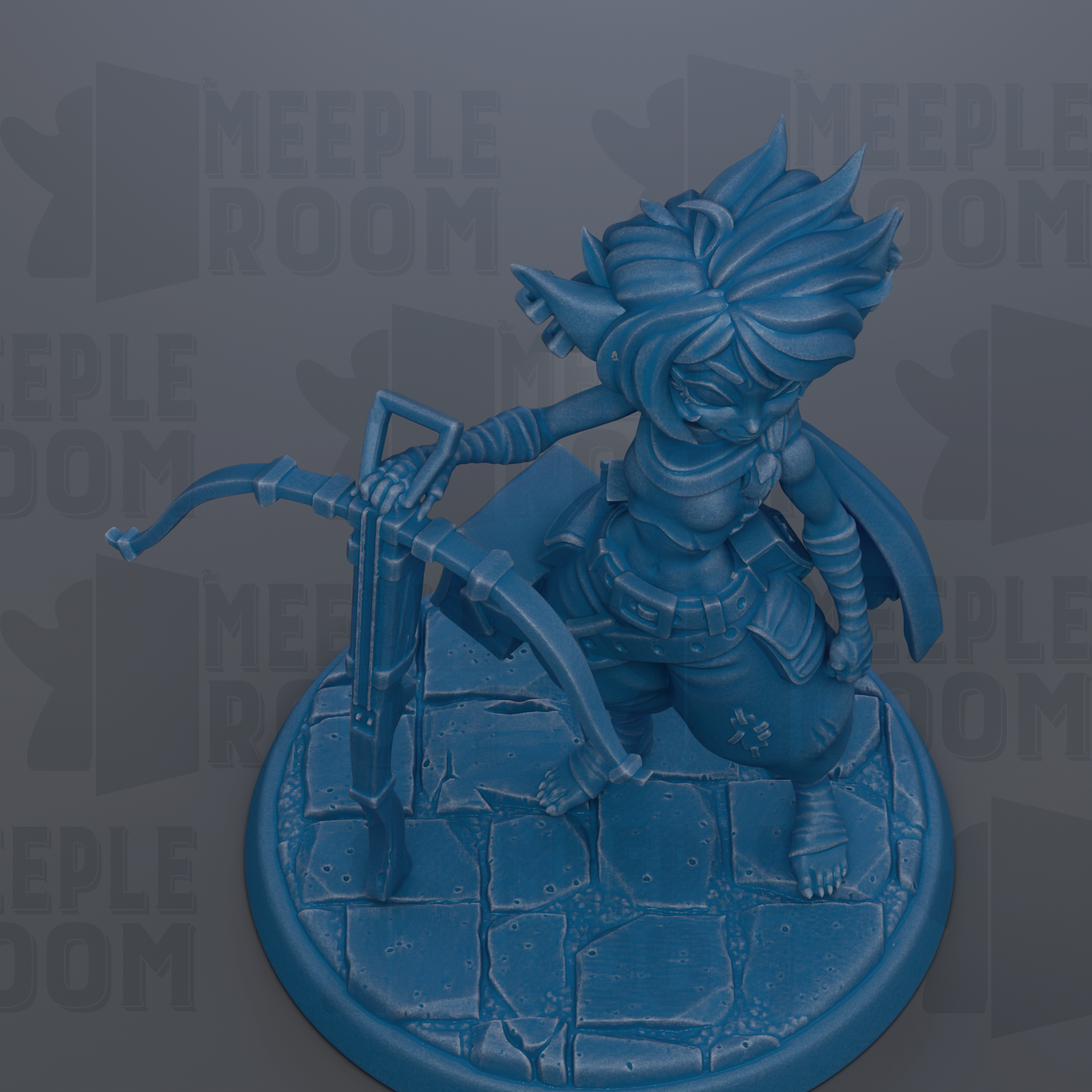 A blue figurine of a character with a pointed hat and sword, standing on a stone base.