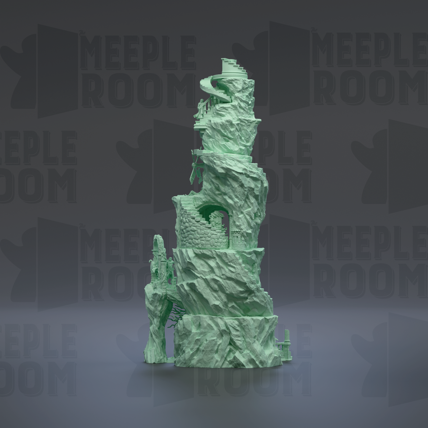 A 3D rendering of a green, rocky structure resembling a castle or fortress, with multiple levels and staircases.
