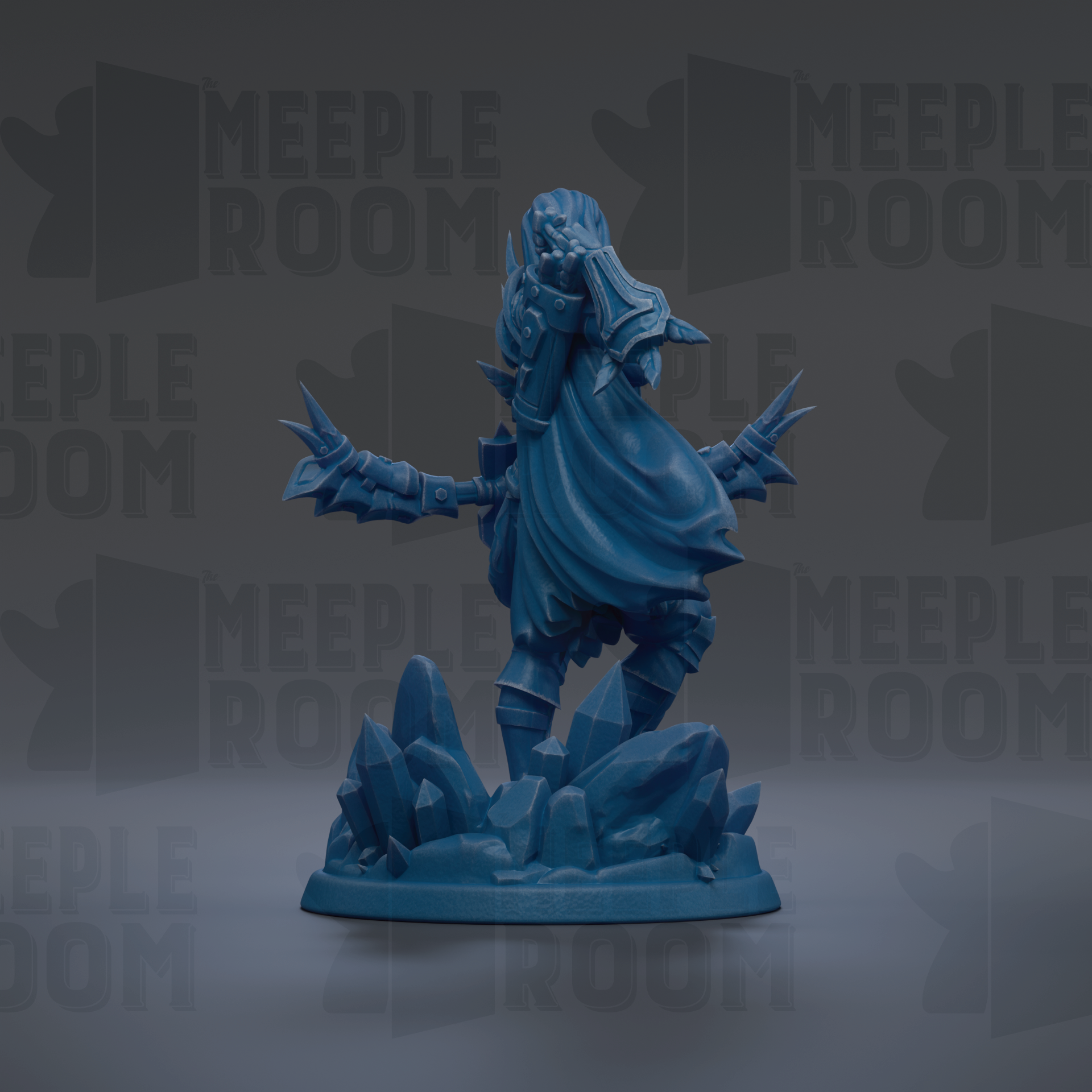 A blue figurine of a warrior standing on a rocky base, with a sword in hand, against a dark background with repeated text.