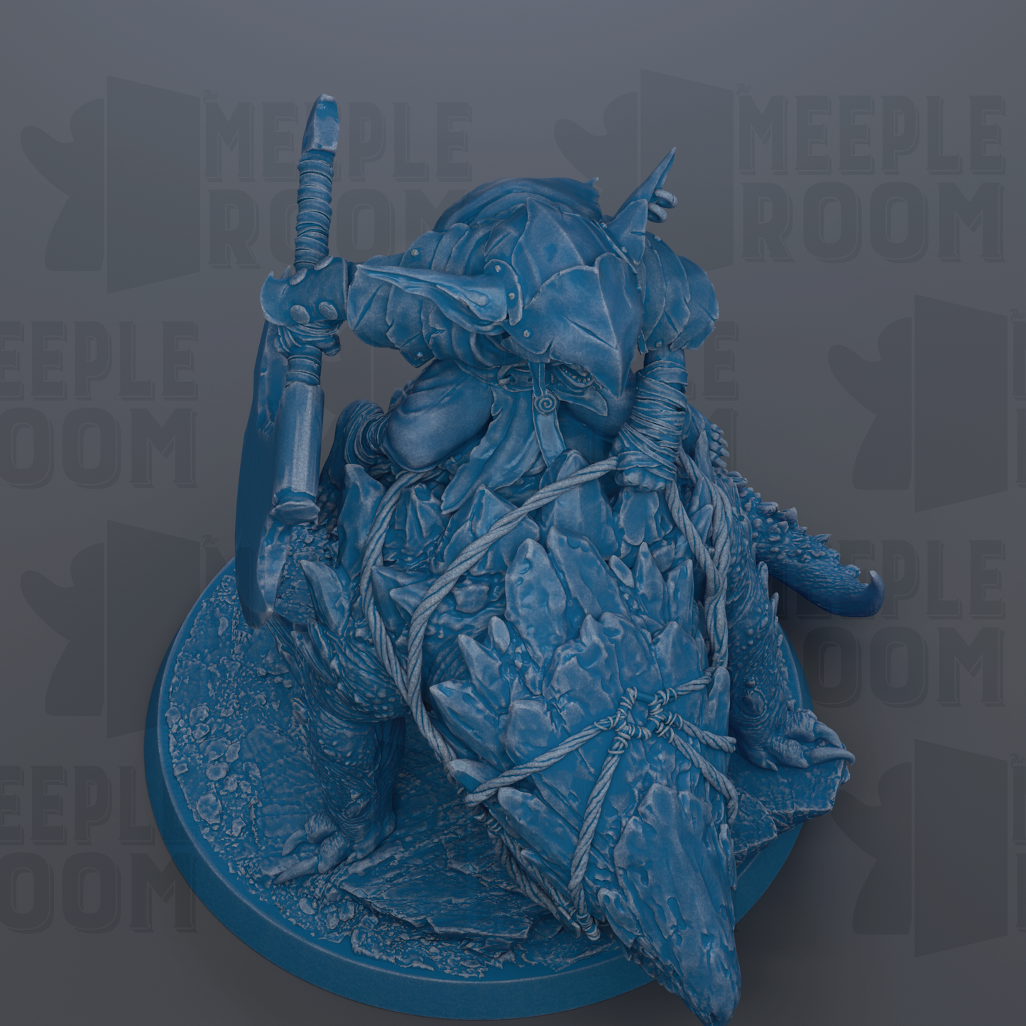 A blue, 3D-rendered figurine of a fantastical creature, possibly a dragon or serpent, with intricate details and a textured surface.