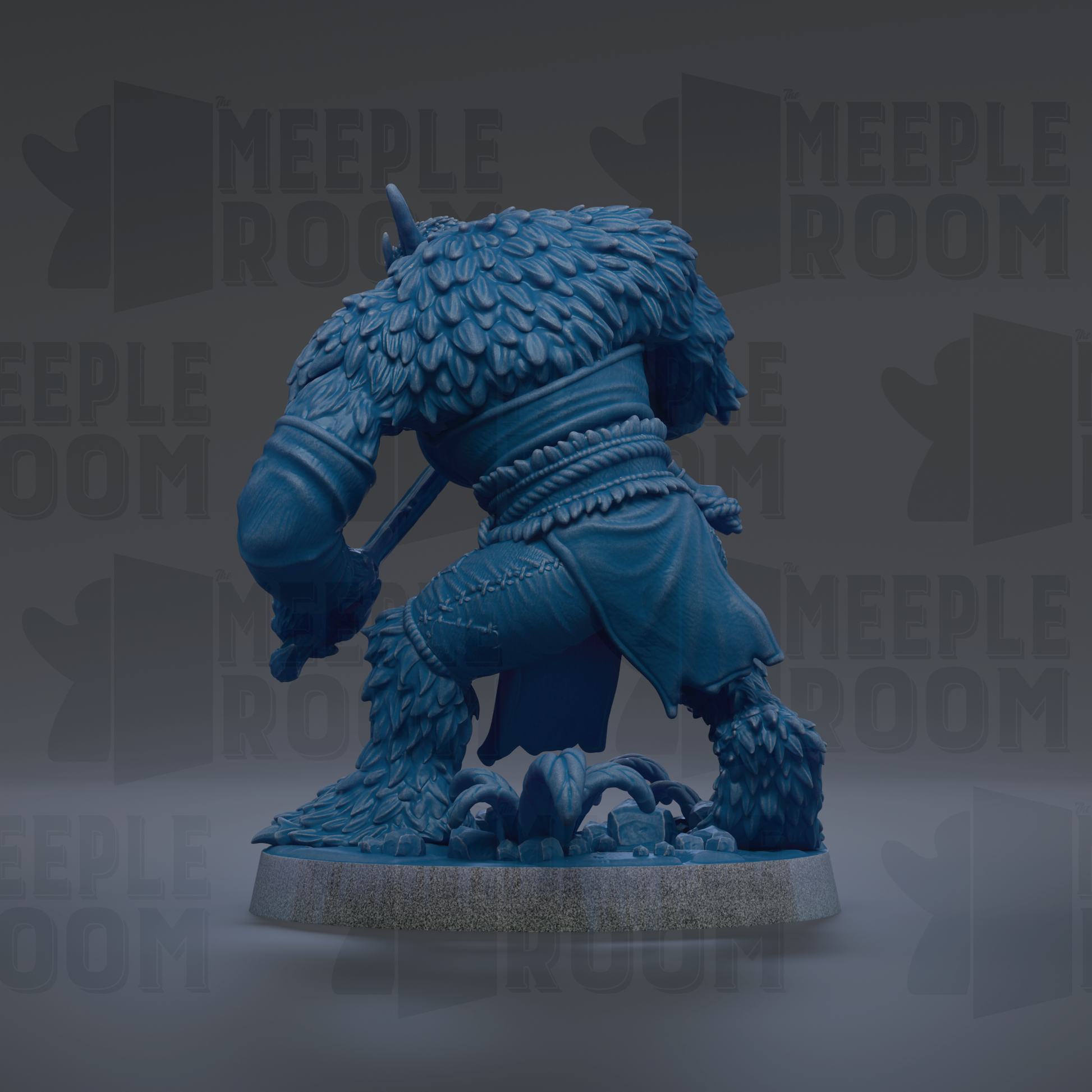 A blue figurine of a fantastical creature with a large head, long neck, and distinctive features, such as feathers or scales, is depicted in the image.