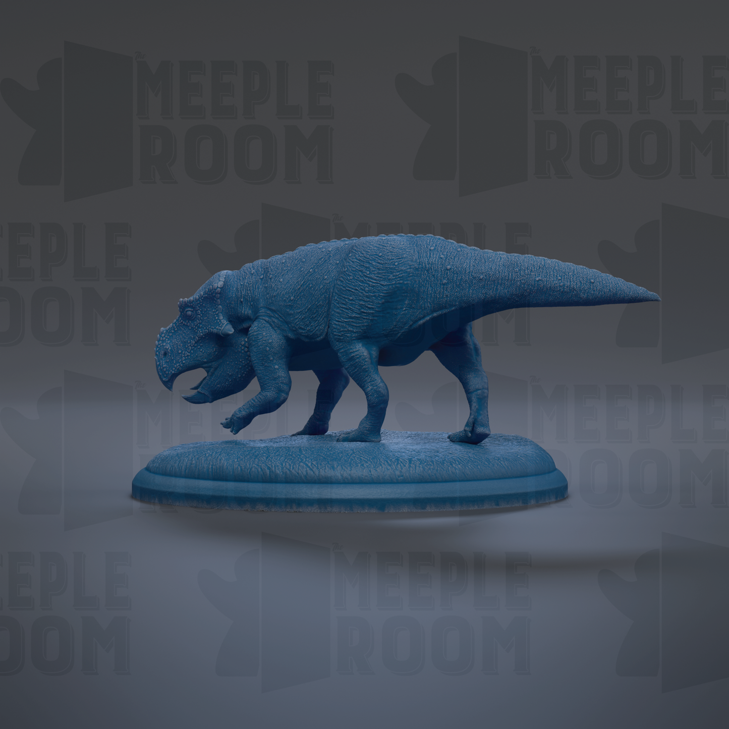 A 3D model of a dinosaur, specifically a meek dinosaur, is displayed on a blue base against a dark background with repeated text.