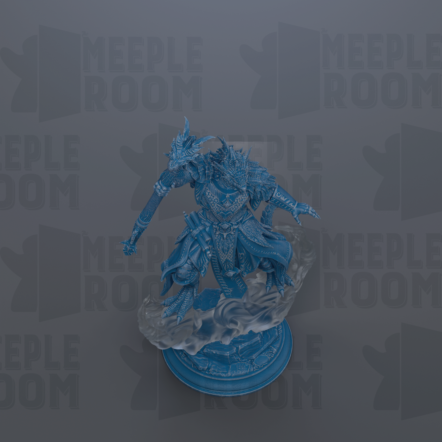 A 3D rendering of a blue dragon-like creature with horns and a flowing cape, standing on a pedestal against a gray background with repeated text.