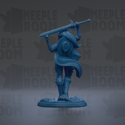 A blue figurine of a person holding a sword and shield, standing on a base.