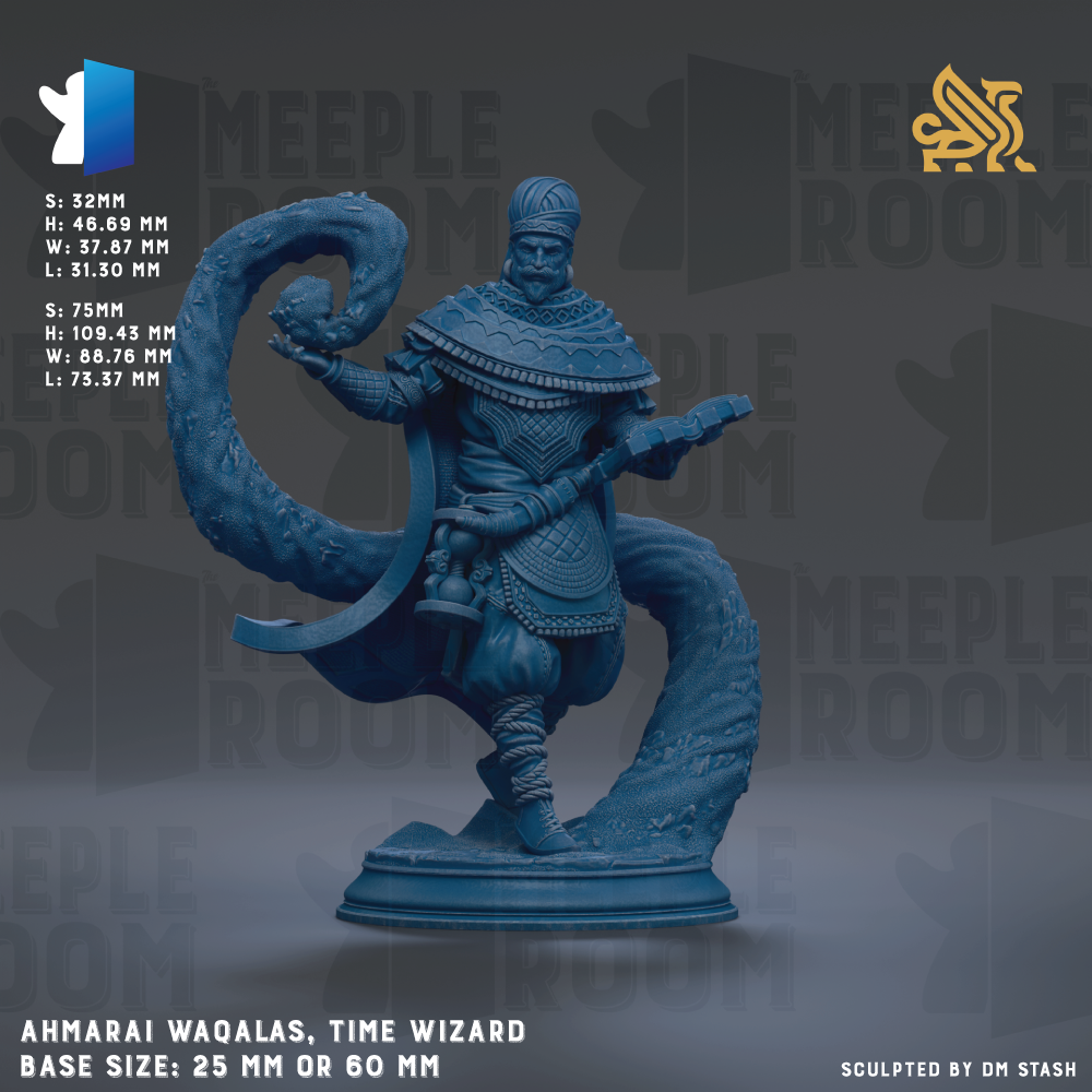 A blue figurine of a wizard with a long, curled staff, standing on a pedestal. The figurine appears to be a Time Wizard character, as indicated by the text "AMMARAI WAQALAS, TIME WIZARD". The base size of the figurine is either 25mm or 60mm, depending on the interpretation. The image is described as a "collage of multiple images" and "sculpted by DM Stash", suggesting that it is a single piece of artwork.