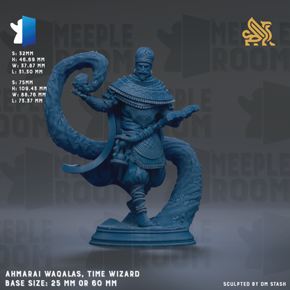 A blue figurine of a wizard with a long, curled staff, standing on a pedestal. The figurine appears to be a Time Wizard character, as indicated by the text "AMMARAI WAQALAS, TIME WIZARD". The base size of the figurine is either 25mm or 60mm, depending on the interpretation. The image is described as a "collage of multiple images" and "sculpted by DM Stash", suggesting that it is a single piece of artwork.