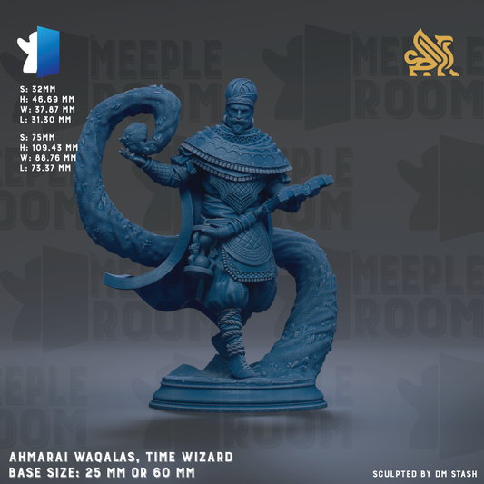 A blue figurine of a wizard with a long, curled staff, standing on a pedestal. The figurine appears to be a Time Wizard character, as indicated by the text "AMMARAI WAQALAS, TIME WIZARD". The base size of the figurine is either 25mm or 60mm, depending on the interpretation. The image is described as a "collage of multiple images" and "sculpted by DM Stash", suggesting that it is a single piece of artwork.