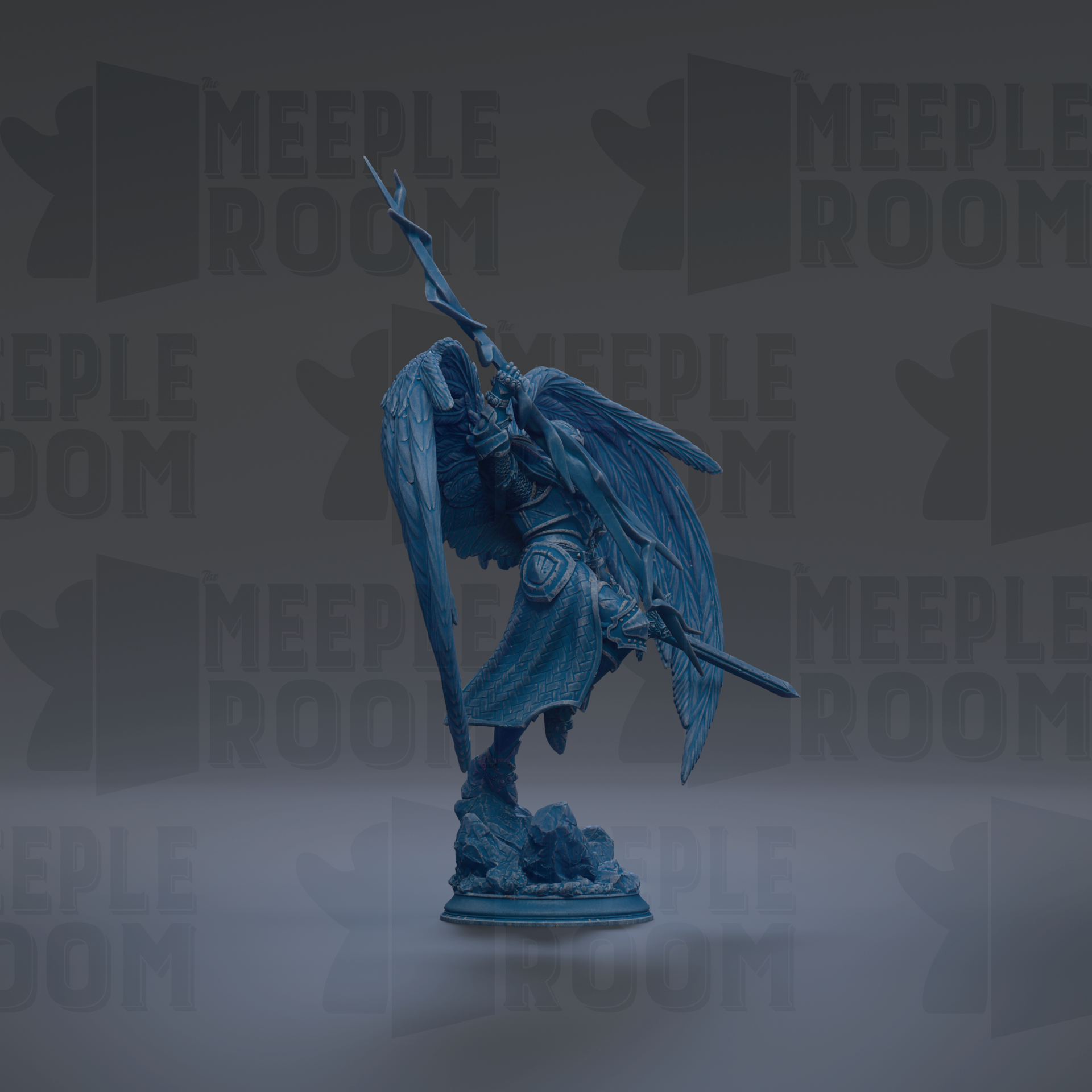 A blue statue of a winged figure holding a sword stands prominently against a dark background with repeated "MEIPLE ROOM" text.