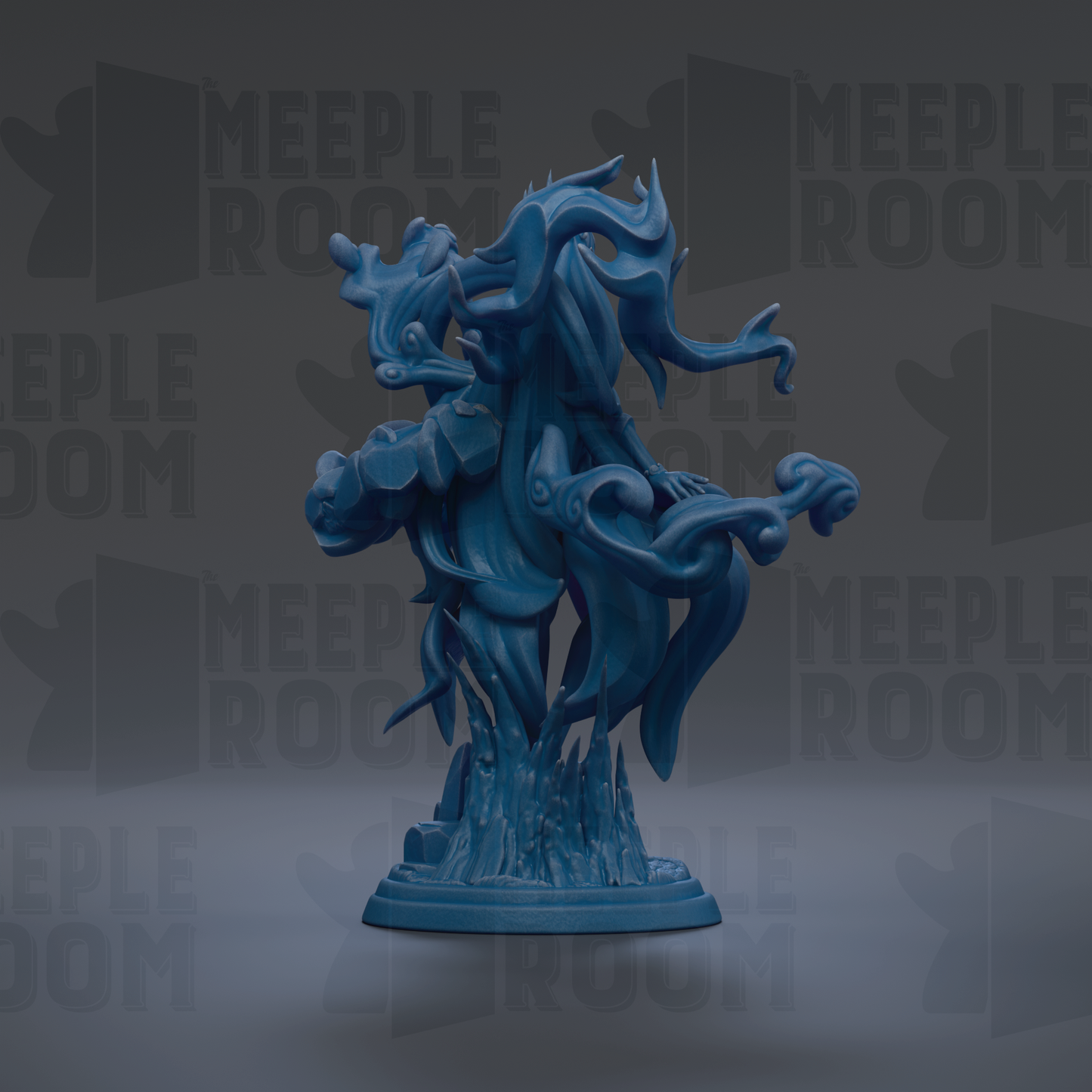 A blue, abstract sculpture with flowing, organic shapes and lines, set against a dark background with repeated text.