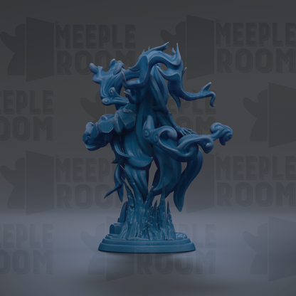 A blue, abstract sculpture with flowing, organic shapes and lines, set against a dark background with repeated text.