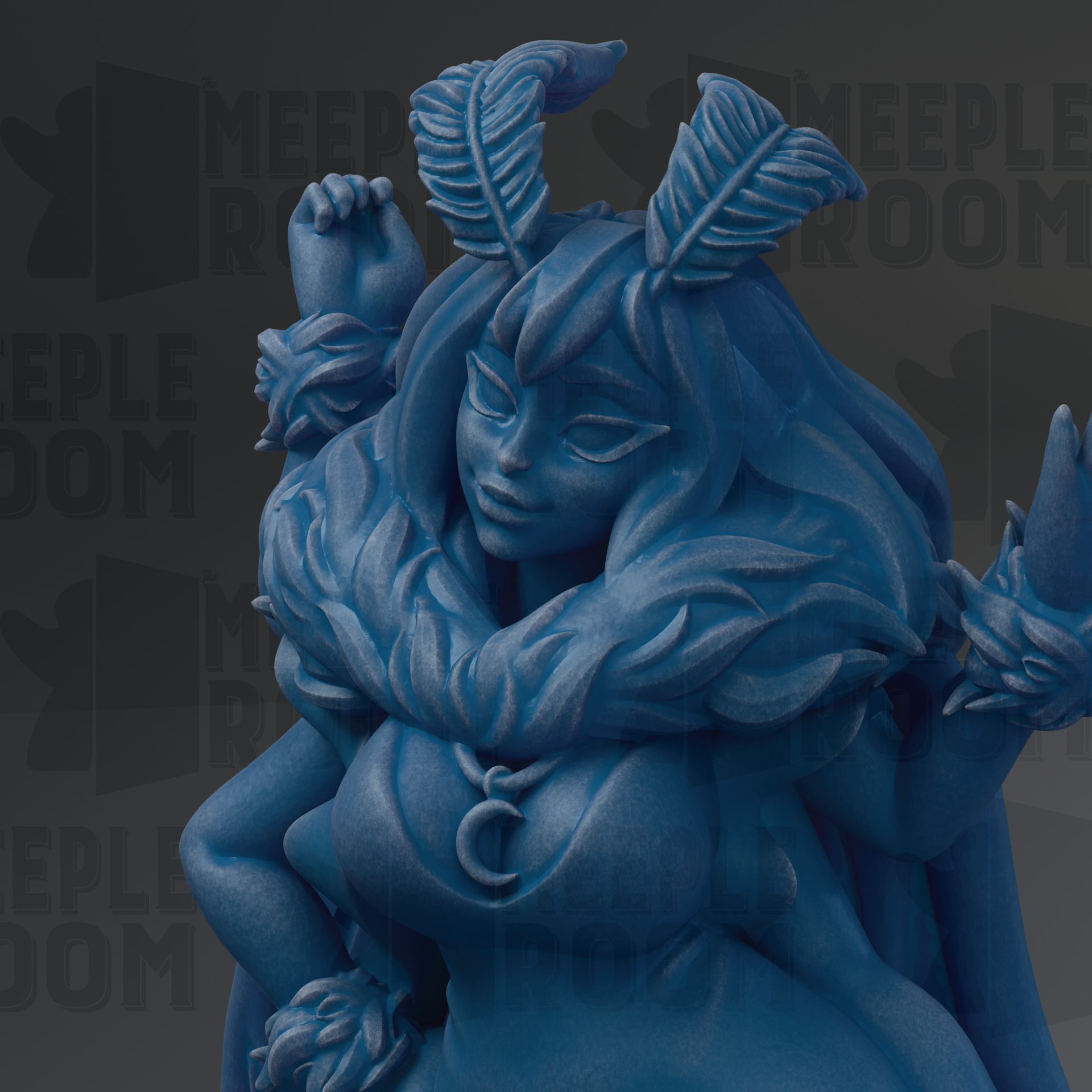 A close-up of a blue, fantastical female statue with large, flowing hair and intricate details, including a crescent moon on her chest.