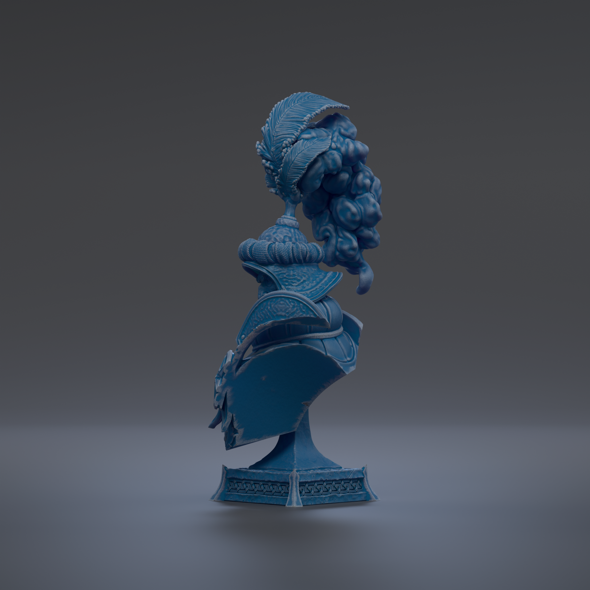 A blue, ornate bust sculpture stands on a pedestal against a dark background.