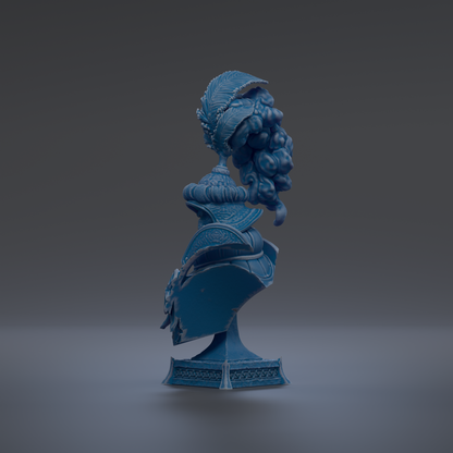 A blue, ornate bust sculpture stands on a pedestal against a dark background.