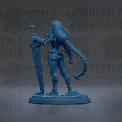 A blue figurine of a female character with long hair, holding a sword and standing on a base.