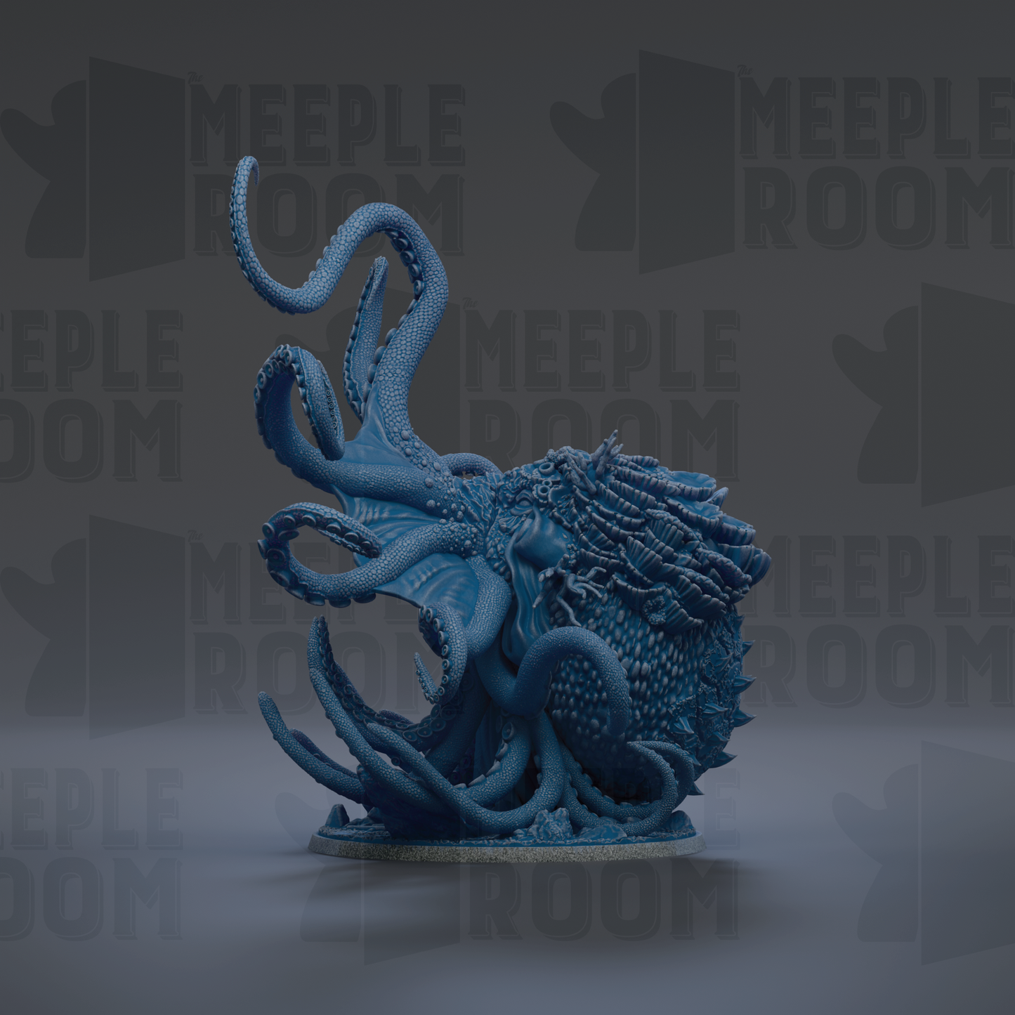 A large, detailed blue octopus figurine with its tentacles spread out, set against a dark background with repeated text.