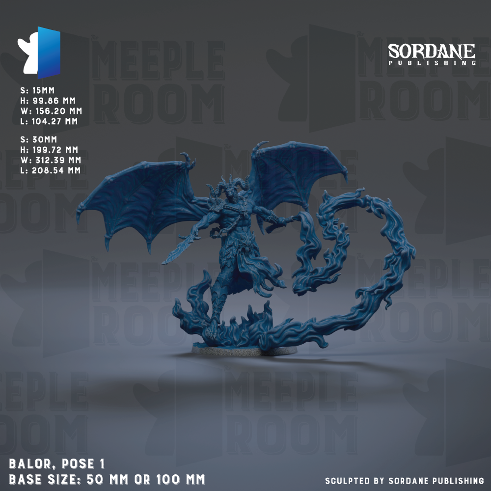The image is a 3D rendering of a blue dragon-like creature with wings and a tail, standing on a base. The creature appears to be a figurine or model, and the image is described as a "Sculpted by Sordane Publishing" piece. The base size of the figurine is either 50mm or 100mm, depending on the interpretation. The background of the image is described as a "MEETPLE ROOM" setting.