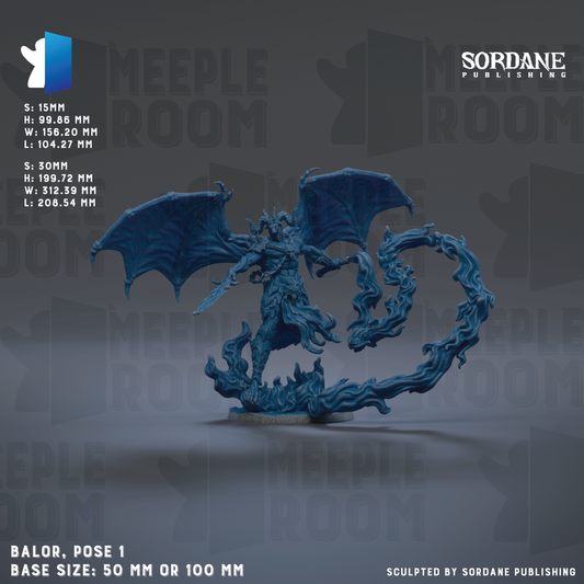 The image is a 3D rendering of a blue dragon-like creature with wings and a tail, standing on a base. The creature appears to be a figurine or model, and the image is described as a "Sculpted by Sordane Publishing" piece. The base size of the figurine is either 50mm or 100mm, depending on the interpretation. The background of the image is described as a "MEETPLE ROOM" setting.