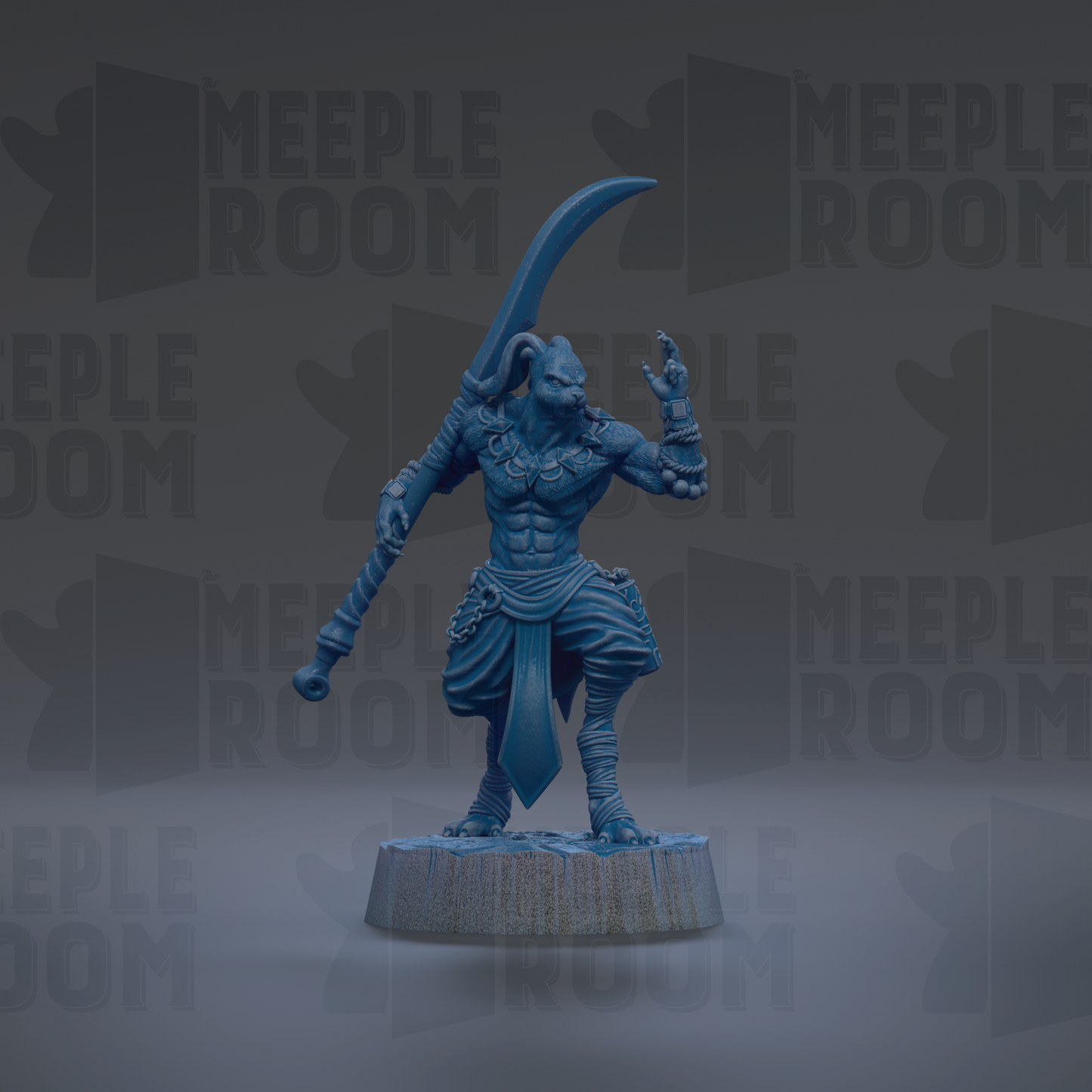 A blue figurine of a warrior-like character holding a sword and standing on a platform.