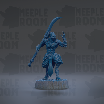A blue figurine of a warrior-like character holding a sword and standing on a platform.