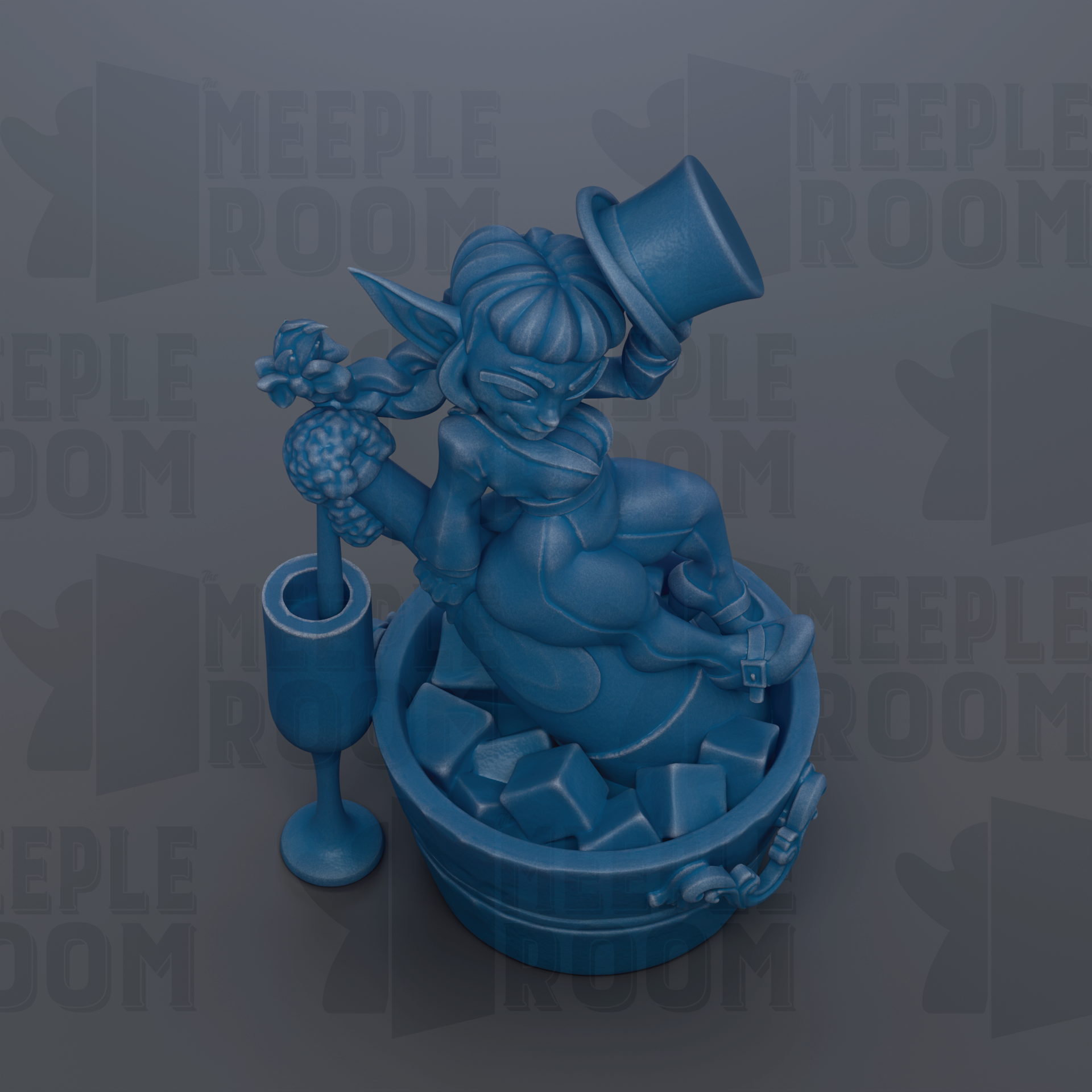 A blue figurine of a person sitting in a bucket filled with cubes, holding a wine glass and wearing a top hat.