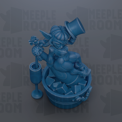 A blue figurine of a person sitting in a bucket filled with cubes, holding a wine glass and wearing a top hat.