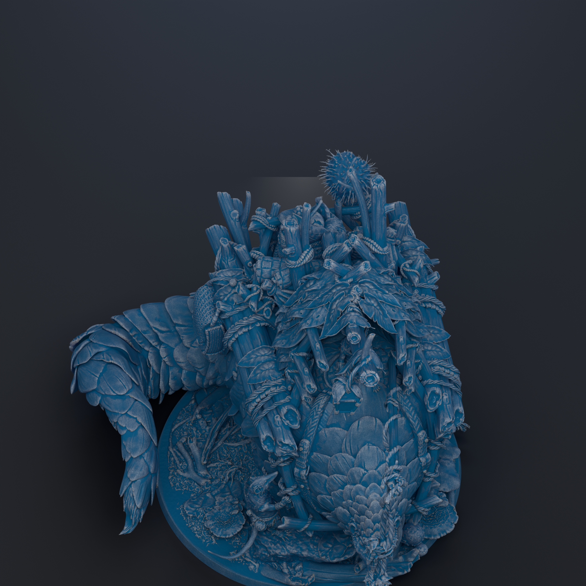 A detailed 3D rendering of a fantastical creature, possibly a dragon or serpent, with intricate patterns and textures. The creature appears to be made of a material that resembles stone or metal, giving it a metallic or metallic-like appearance. The image is set against a dark background, which emphasizes the colors and textures of the creature.