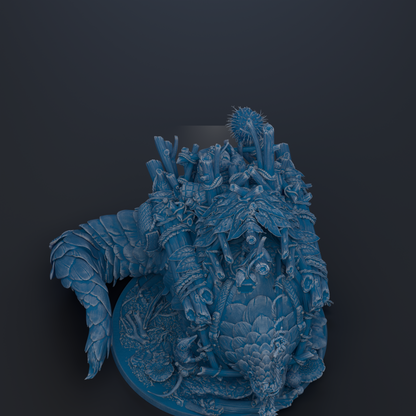 A detailed 3D rendering of a fantastical creature, possibly a dragon or serpent, with intricate patterns and textures. The creature appears to be made of a material that resembles stone or metal, giving it a metallic or metallic-like appearance. The image is set against a dark background, which emphasizes the colors and textures of the creature.