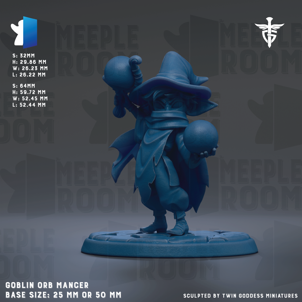 A figurine of a blue-colored orb-mancher, a fantasy character, is displayed on a blue base. The figurine is described as a "Goblin orb mancer" and is shown in various sizes, including 25mm and 50mm. The image is a collage of multiple images, and the phrase "The image depicts" is not used.