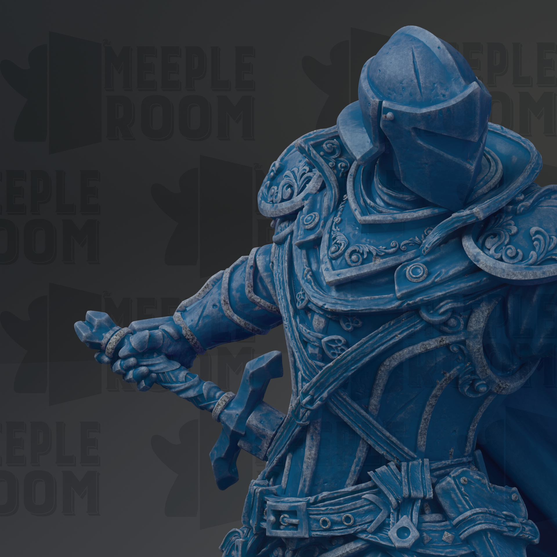 A detailed 3D rendering of a blue armored knight figure, holding a sword and standing in a fighting stance.