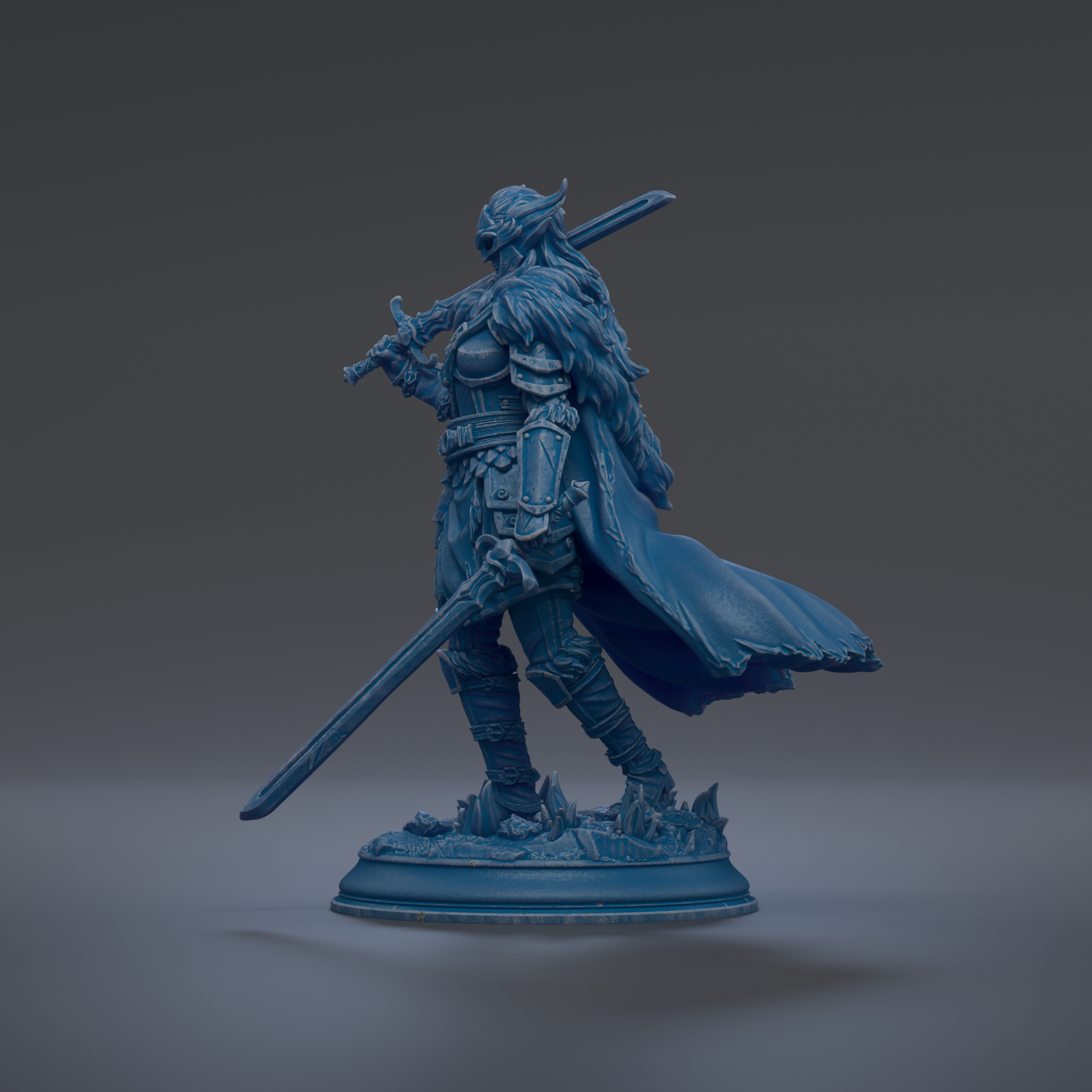 A blue statue of a warrior figure holding a sword and shield, standing on a base and facing to the right.