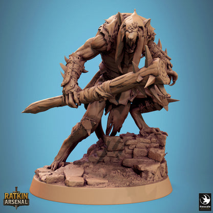 A 3D model of a fierce-looking monster or creature, possibly a dragon or serpent, with sharp teeth and claws, standing on a rocky base.