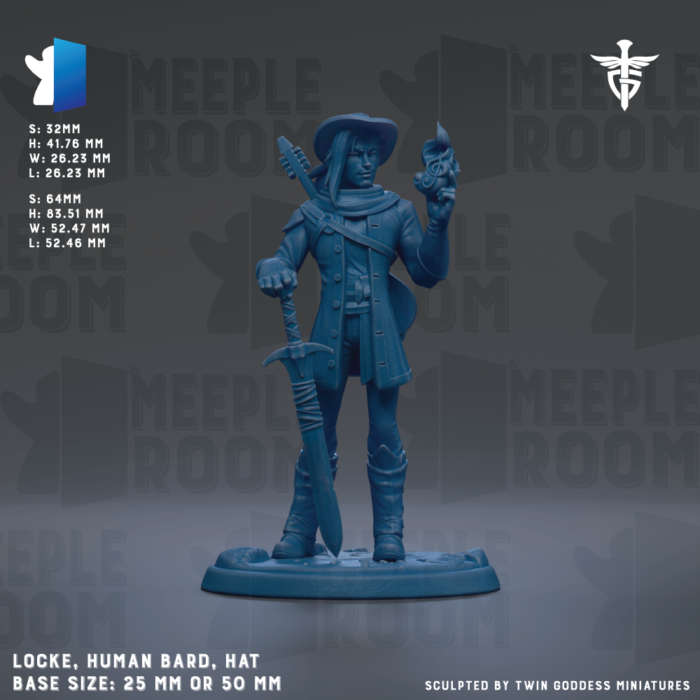 A figurine of a human bard, hat, and sword, standing on a base size of 25mm or 50mm.
