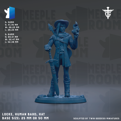 A figurine of a human bard, hat, and sword, standing on a base size of 25mm or 50mm.