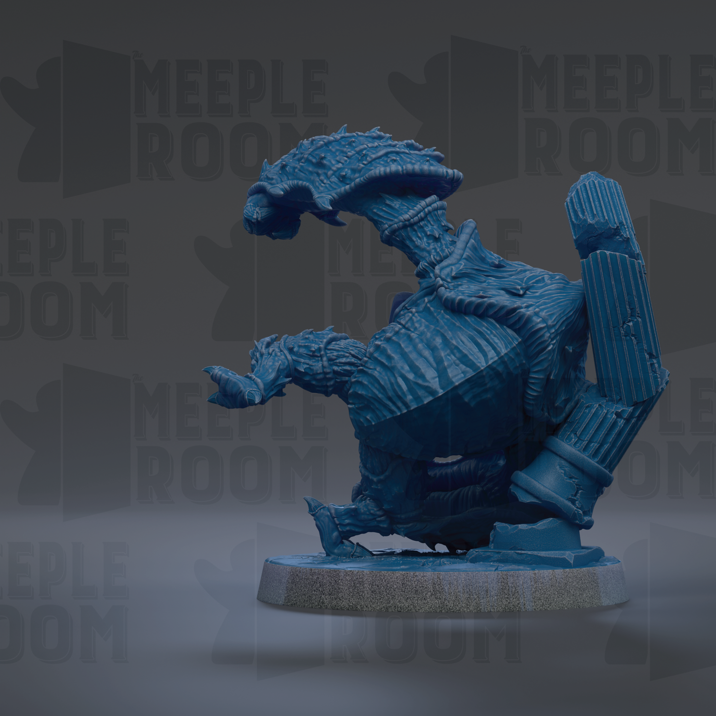 A blue, 3D-rendered figurine of a fantastical creature, possibly a dragon or serpent, is shown in a dynamic pose against a dark background with repeated text.