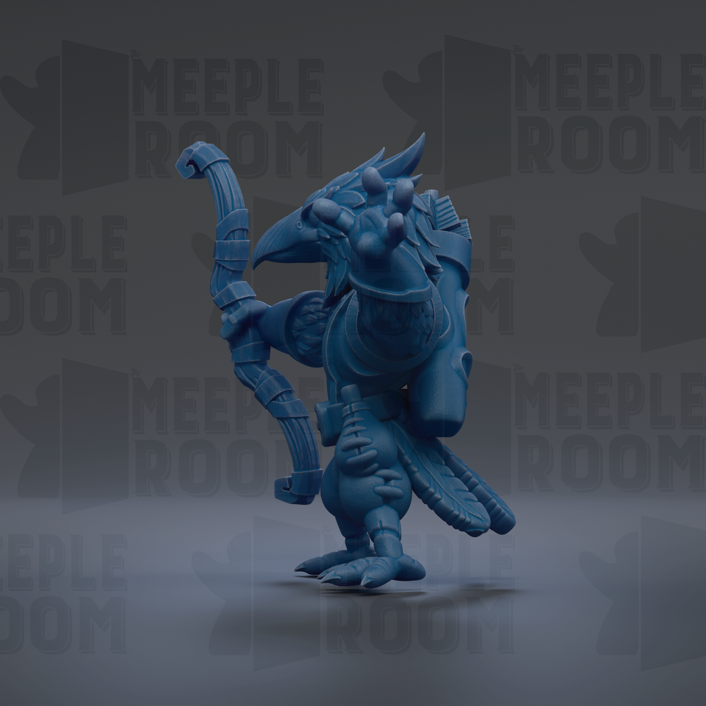 A blue, winged creature with a long, curved weapon in its hand, standing on a gray surface against a dark background with repeated text.