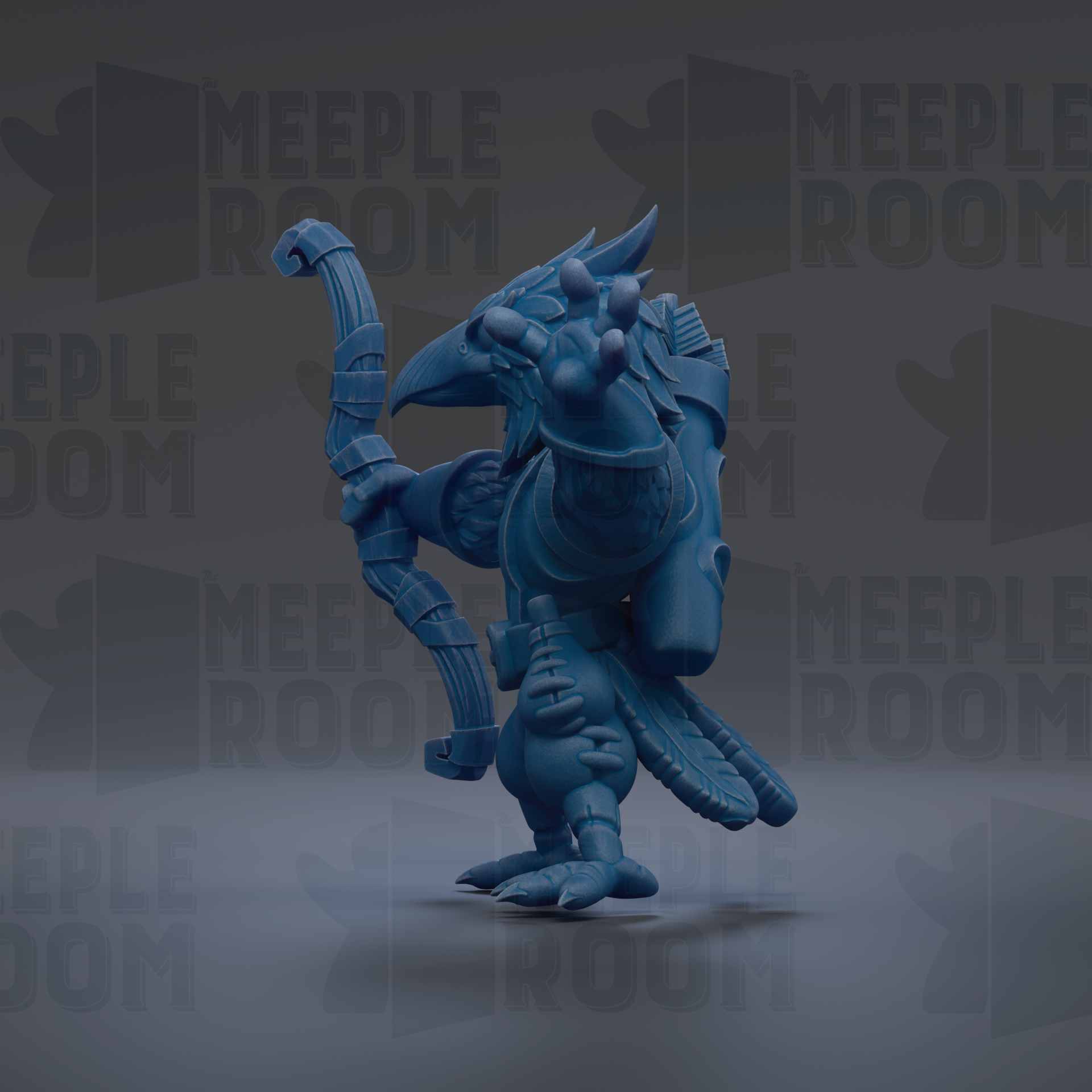 A blue, winged creature with a long, curved weapon in its hand, standing on a gray surface against a dark background with repeated text.
