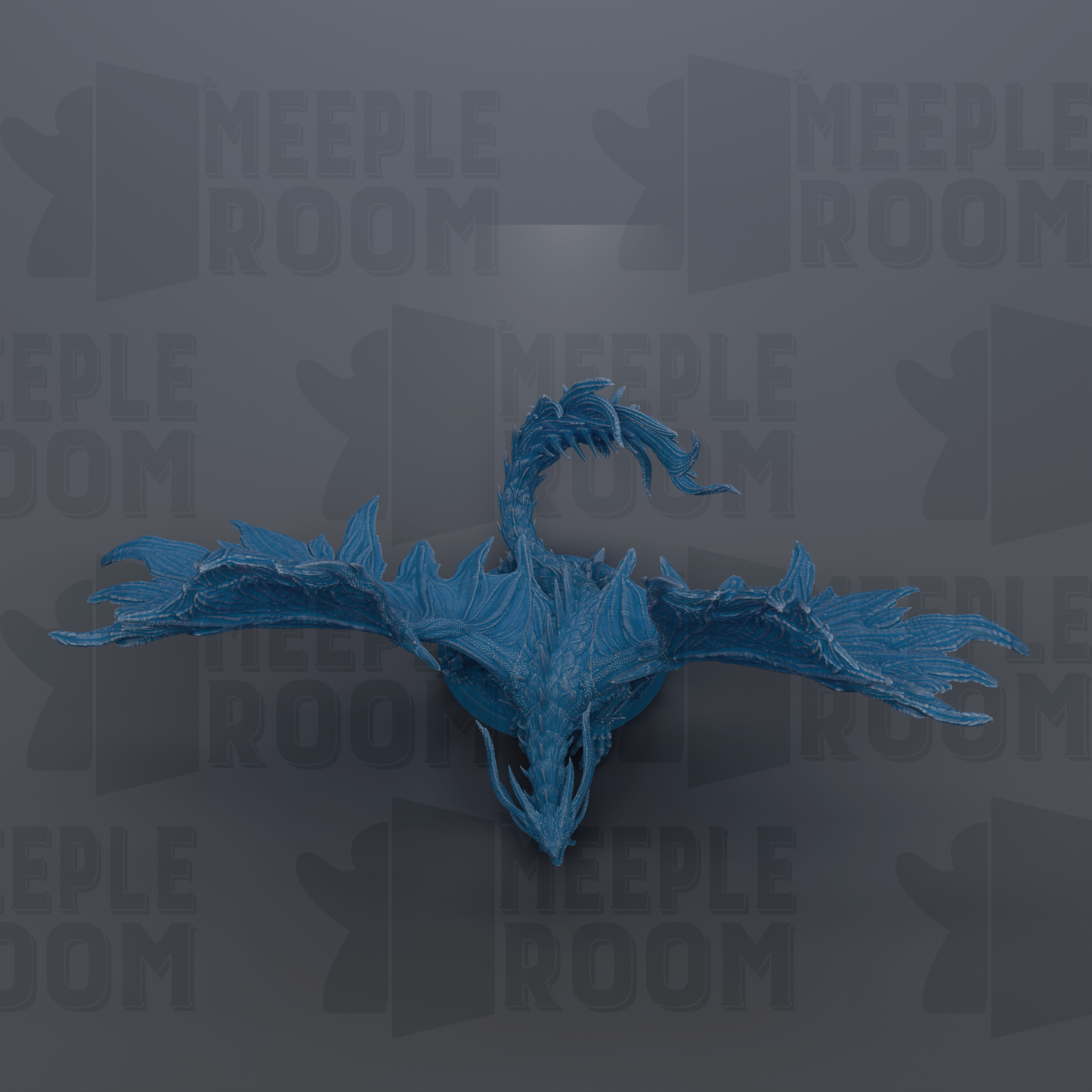 A blue dragon-like creature with a long, flowing tail is prominently featured against a dark background with repeated text.