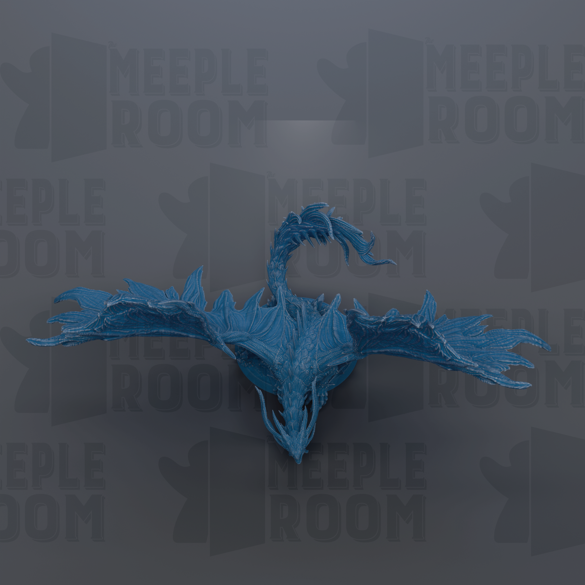 A blue dragon-like creature with a long, flowing tail is prominently featured against a dark background with repeated text.