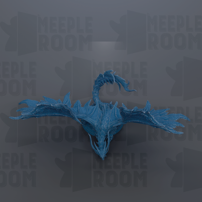 A blue dragon-like creature with a long, flowing tail is prominently featured against a dark background with repeated text.