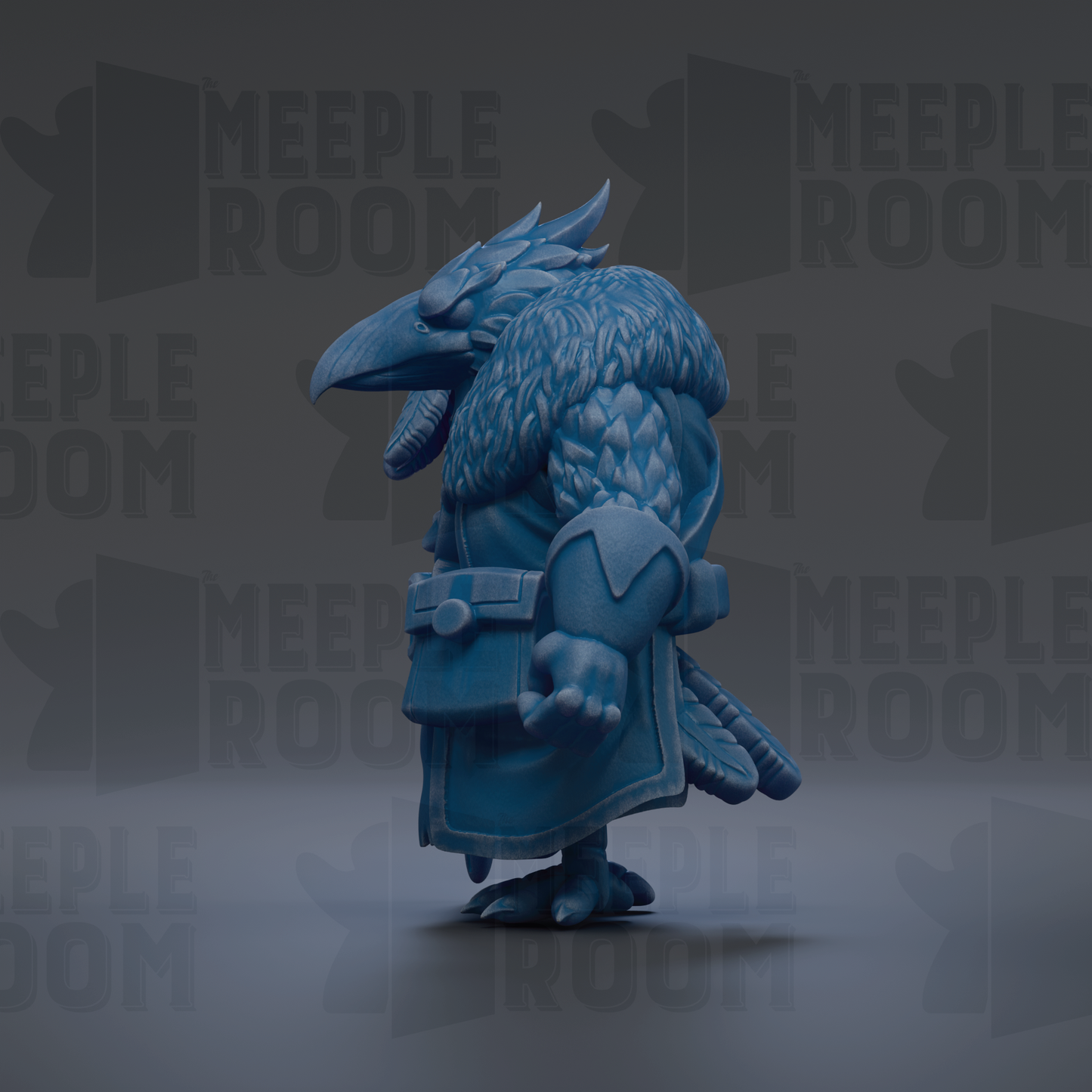 A blue, winged creature with a large beak and sharp talons, standing on one leg against a dark background with repeated text.