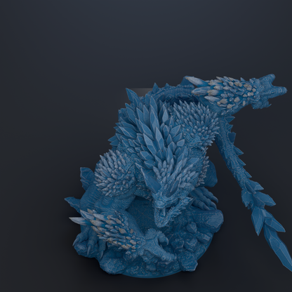 A detailed 3D rendering of a blue, fantastical creature with sharp teeth and spikes, standing on a rocky surface.